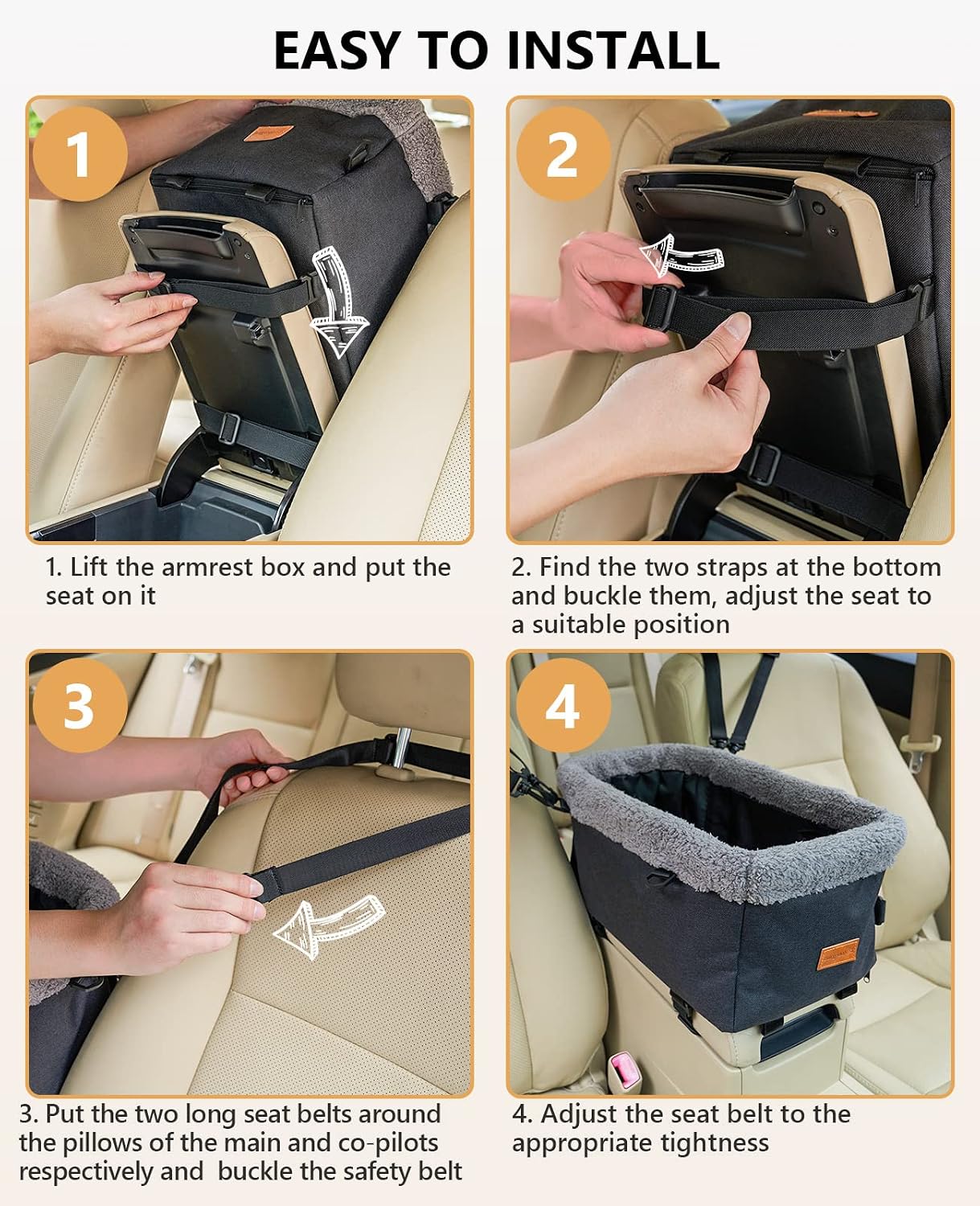 BurgeonNest Center Console Dog Car Seat for Small Dogs up to 9lbs - Sturdy Metal Frame Anti-Collapse Pet Booster Seat for Car Armrest, Dual Safety Belts & Washable Cushion, Grey