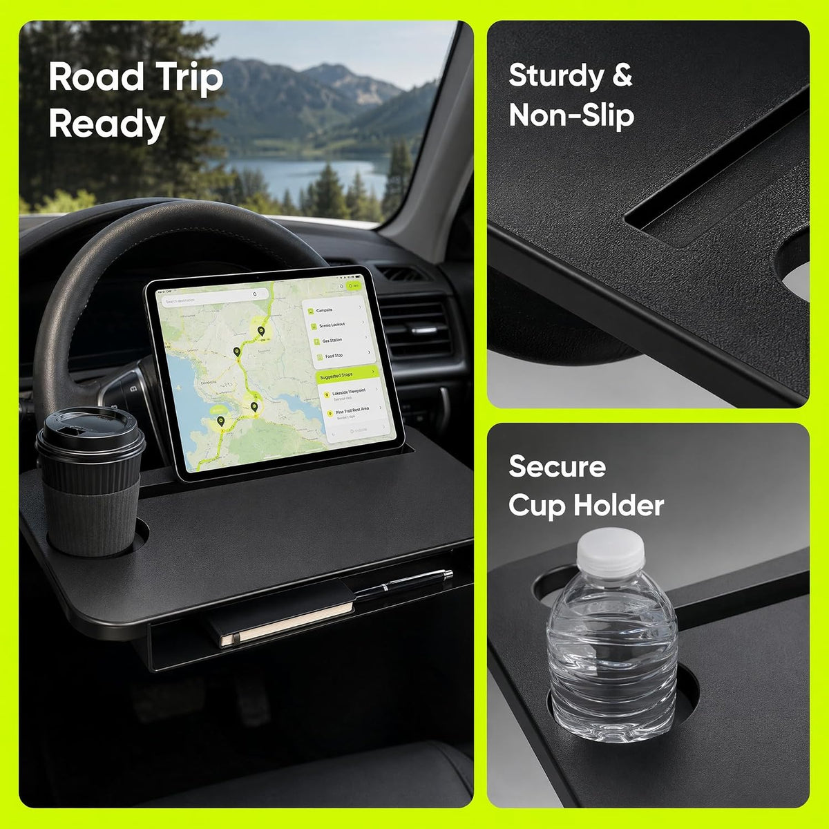 Car Desk with Laptop Stand, Steering Wheel Tray for Work and Eating, Portable Car Table, Food Tray and Writing Surface, Travel Accessory for Drivers