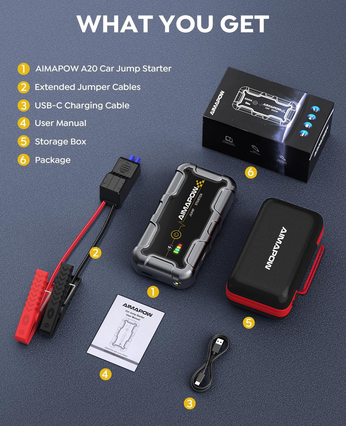 AIMAPOW Portable Car Battery Jump Starter 8000A Jump Box, Car Jumper Starter Portable Jumper Cables for car(AllL Gas/10L Diesel), Fast Charge, Lights, Compact
