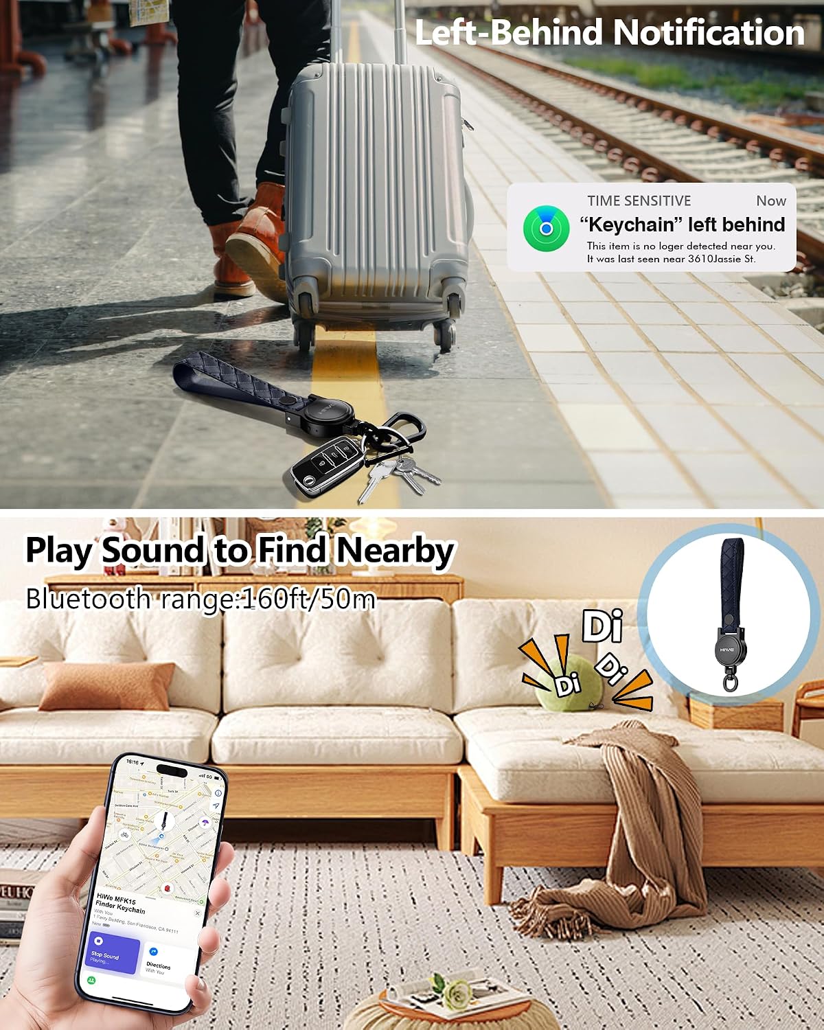 HiWe Anti-Lost Keychain, Works with Apple Find My, Carabiner Car Key Holder with Texture Leather Strap, Bluetooth Key Finder Tracker, USB-C Rechargeable, Navy Blue