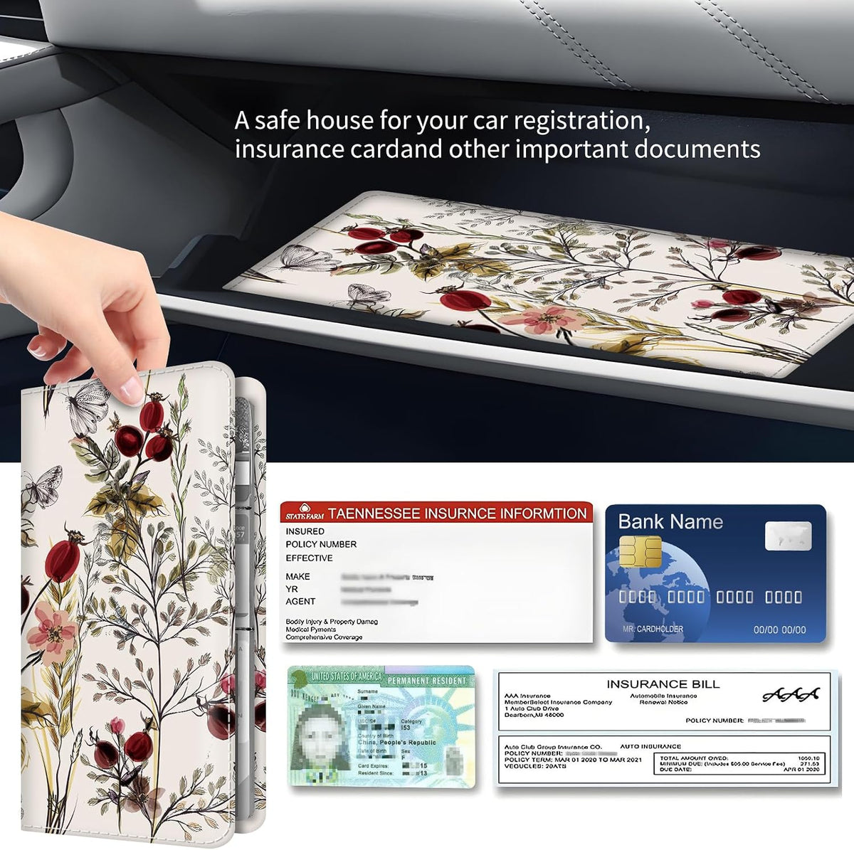 Premium Car Registration and Insurance Card Holder, Cute PU Leather Car Document Holder, Vehicle Glove Box Car Organizer with Magnetic Closure for Driver License, Cards Vintage Red Florals