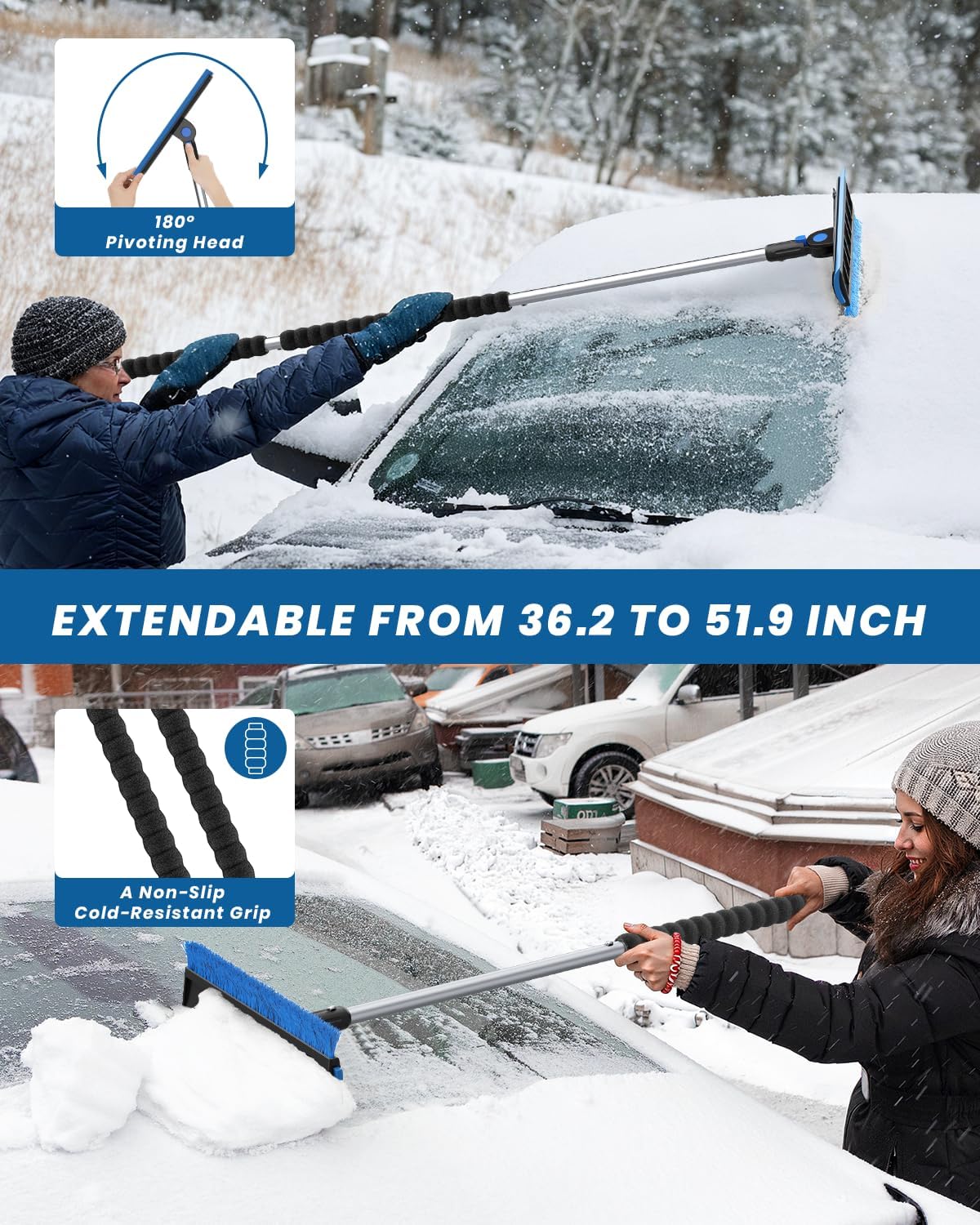 helloleiboo 2025 Extra Long 55.7" Ice Scrapers for Car Windshield Multi-Functional Detachable Car Ice Scraper with Foam Grip and 270° Pivoting Brush Head Snow Brush for SUV Truck Auto (Blue)