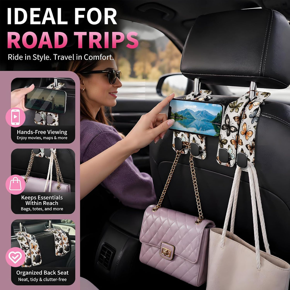 Car Seat Back Storage Hook, Funny Car Purse Hook, Cute Vehicle Storage Organizer for Purses Handbags Colorful Butterfly Pattern