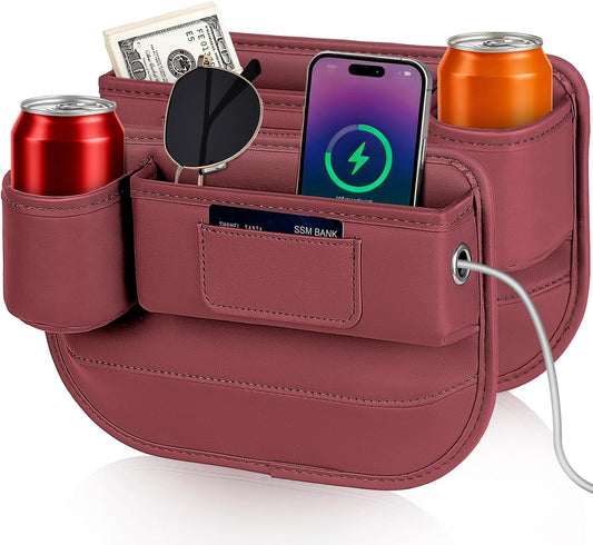 Kwak's Car Seat Gap Filler 2 Pack, PU Leather Organizer with Cup Holder Red | Fits gaps 0.2–1.2 inches| Blocks Dropped Items | Holds Cups Up To 2.8"| Tool-free Install | Easy to Wipe Clean
