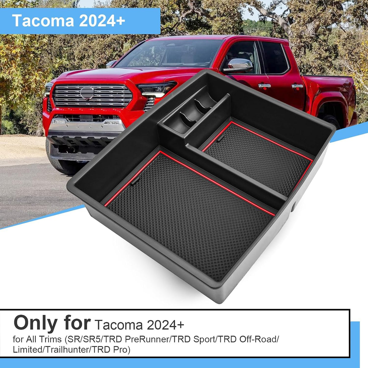2024 2025 2026 Tacoma Center Console Organizer for Toyota Tacoma (All Trims), Durable ABS Plastic&Anti-Slip Rubber Console Tray Glove Insert 2025 2026 Tacoma Accessories (with Red Mats)