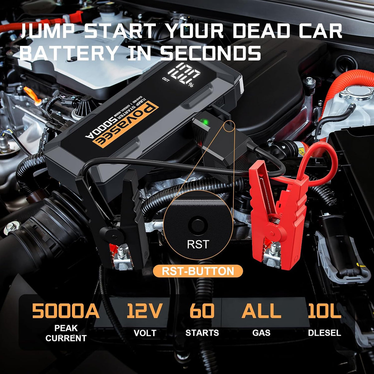 5000A Jump Starter Povasee A40 Car BatteryJump Starter, 12V Jump Box for Car Up to All Gas or 10L Diesel Engine Battery Jumper Starter Portable with 3" LCD Display/Dual Output/LED Light