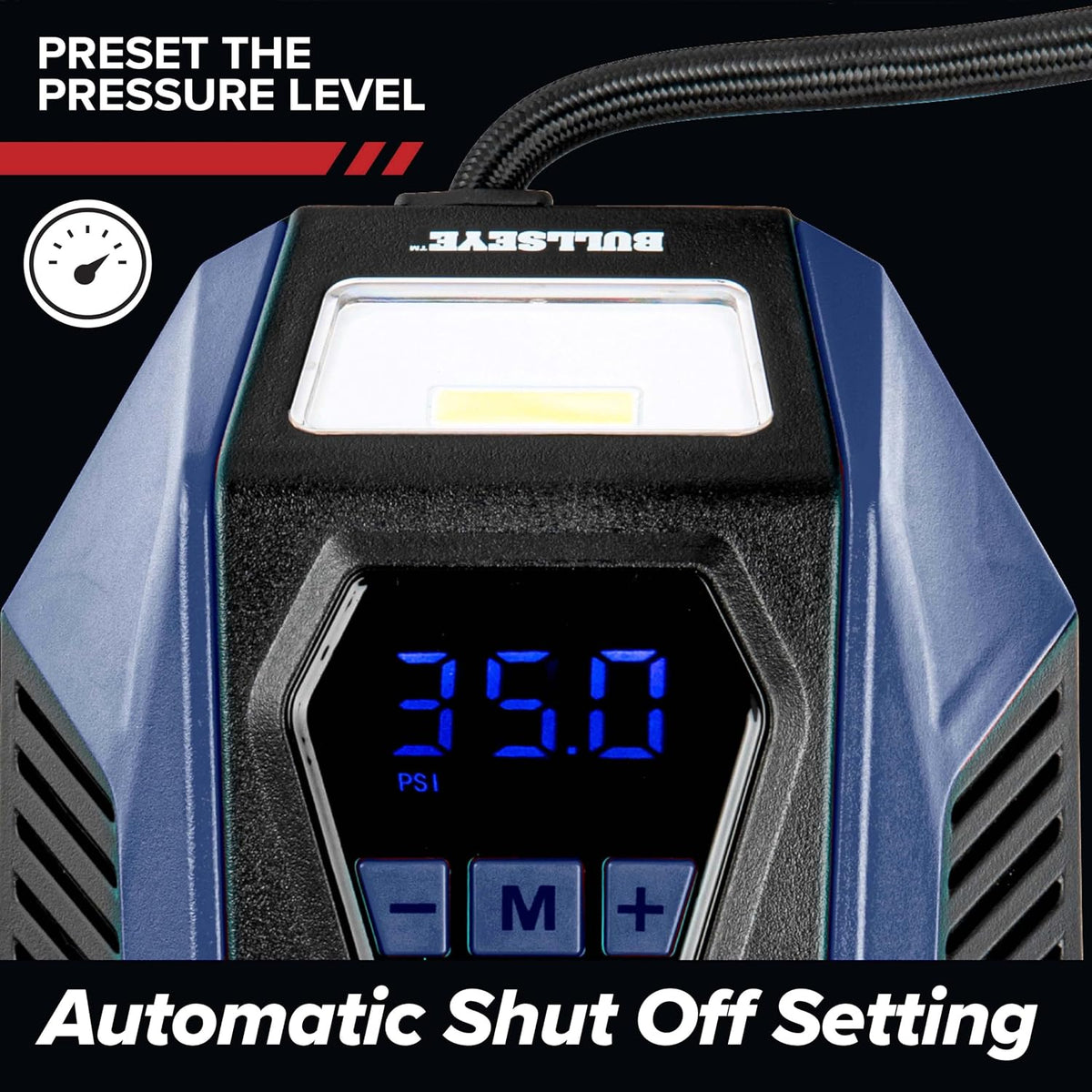 Bullseye 12V DC Car Tire Inflator Portable Air Compressor - Rapid 2 Minute Inflation, Auto Shut-Off, Max 150 PSI, Easy Cord Storage, Digital Pressure Gauge, LED Display (Royal Blue) - As Seen on TV