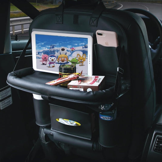 Premium Double-Layered Leather Car Backseat Organizer with Built-in Foldable Tray | Perfect for traveling with kids, Waterproof Car Seat Organizer with Pockets | Easy Installation