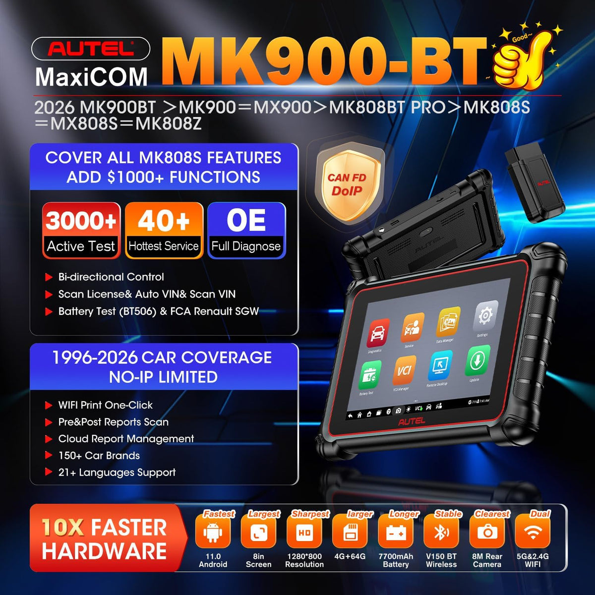 Autel Scanner MaxiCOM MK900BT Bidirectional Tool, 40+ Service, CAN-FD& DOIP