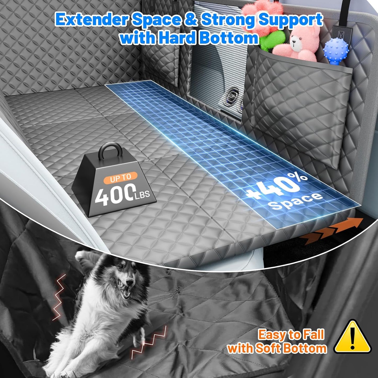 Dog Car Seat Cover for Back Seat with Hard Bottom,Waterproof Back Seat Extender for Dogs,Dog Hammock Dogs Bed for Cars, SUVs,Pet Seat Cover for Back Seat Holds 400lbs with Mesh Window & Pocket-Grey