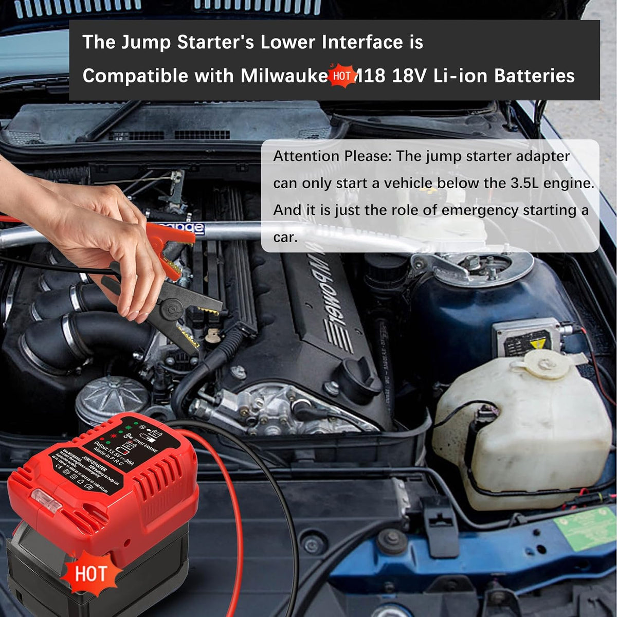 Jump Starter Adapter for Milwaukee M18 Battery, 12V Portable Car Jump Cables, Automotive Booster Cable Adapter, Jump Starting Dead or Weak Batteries, Engine up to 3.5 Liters (NO Battery)