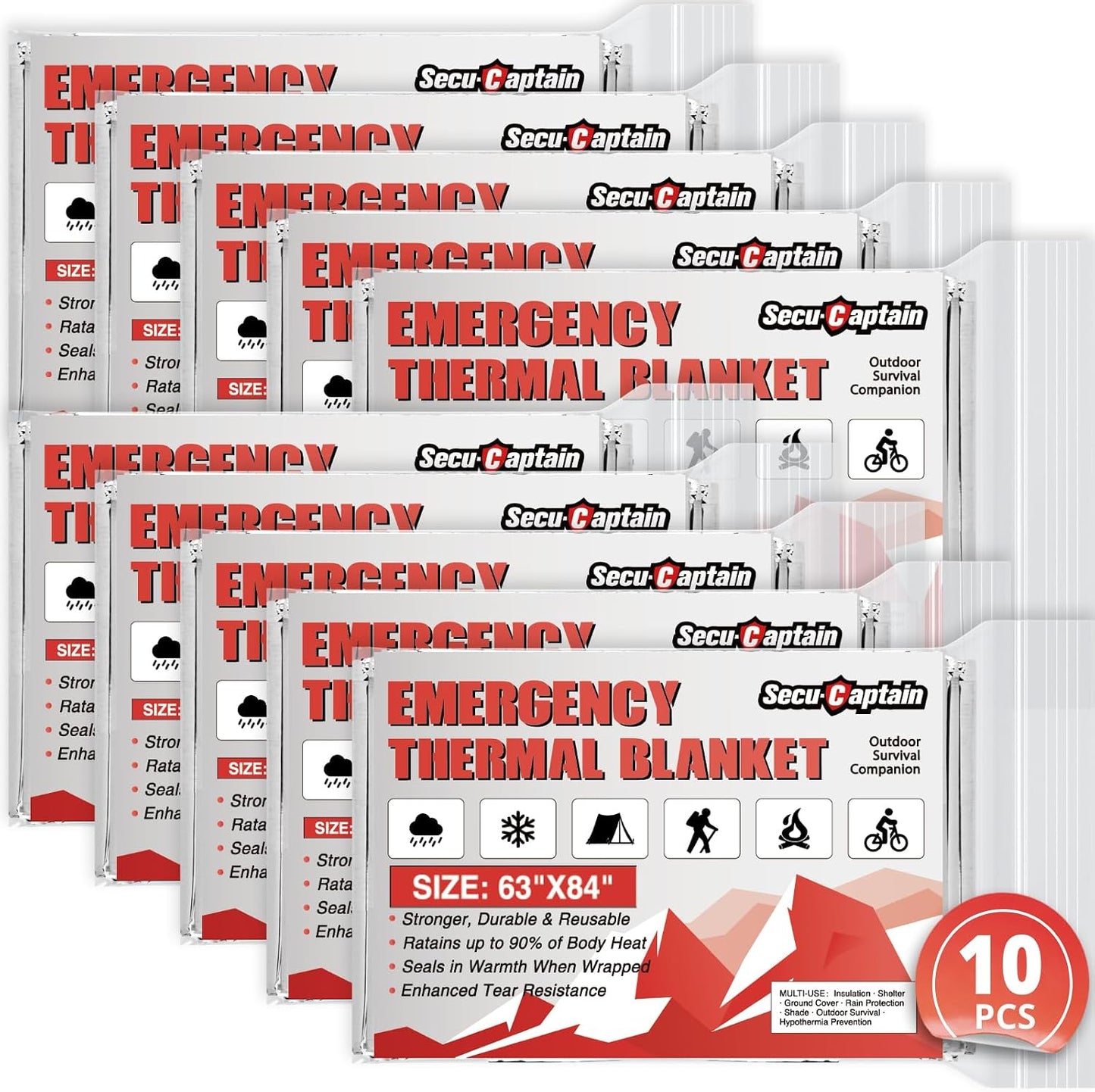 SecuCaptain Survival Emergency Thermal Blankets: 4/10/25/30/50/75/100 PCS Extra Large 84” x63” Space Mylar Blanket Kit for Outdoor Cold Winter Camping Hiking Car Bug Out Bag or First Aid