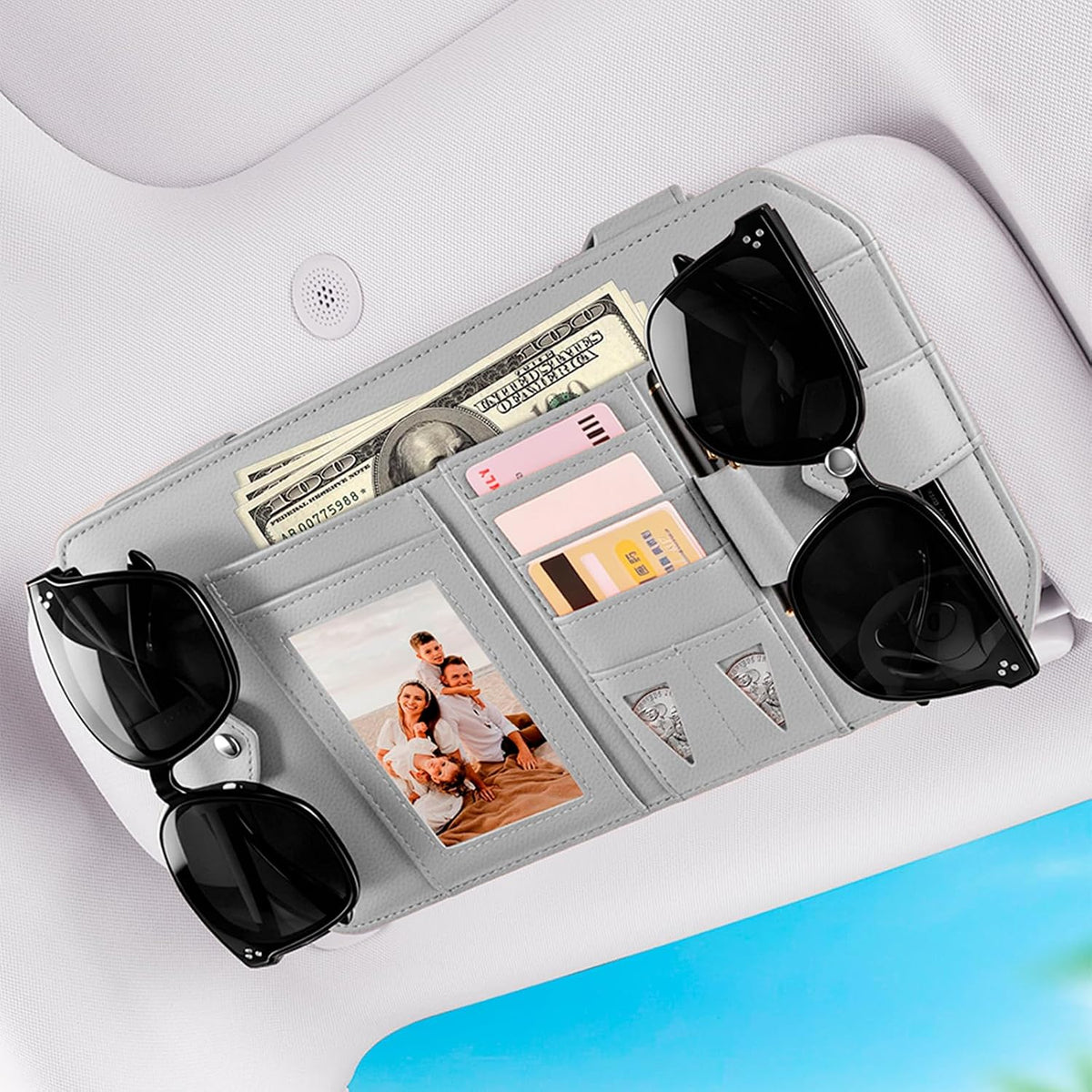 Car Sun Visor Organizer, Multi-Pocket Auto Interior Storage Pouch with Secure Metal Clip Hook and Loop Straps, PU Leather Visor Case for Sunglasses, Cards, Photos, Pen, Universal Fits (Grey)