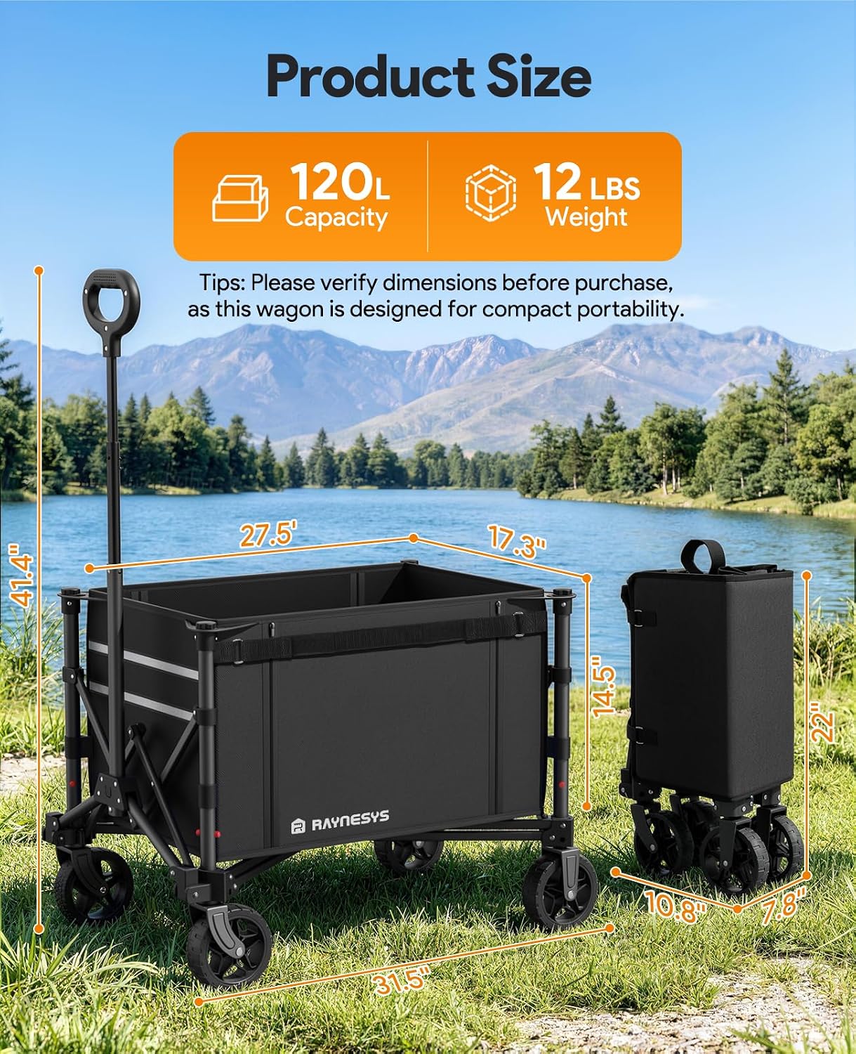 Raynesys 3 in 1 Collapsible Wagon Converts to Bench, 220lbs Foldable Wagon Cart with Wheels, 120L Shopping Cart for Groceries Folding Utility Wagon for Beach, Garden, Camping, Sport, Black
