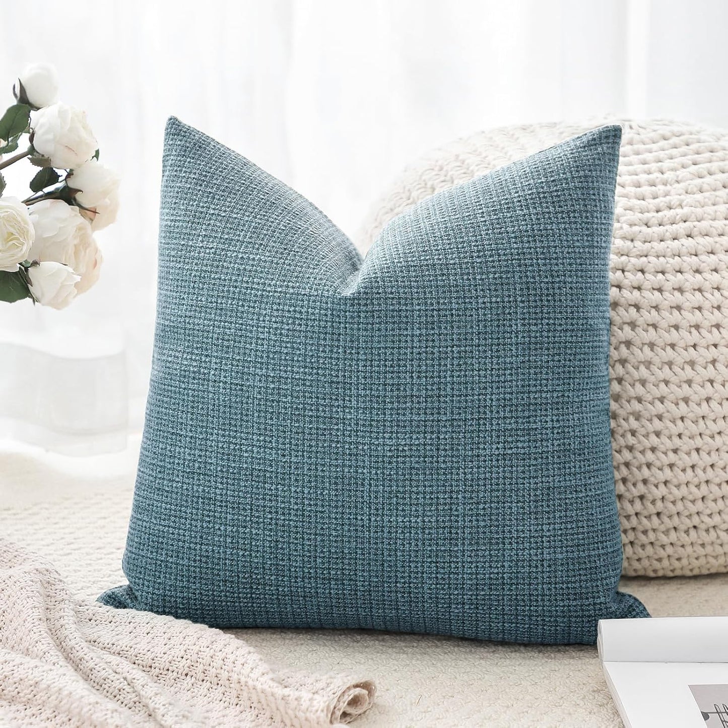 OTOSTAR Linen Throw Pillow Cover Set of 1 Decorative Square Pillowcases Cushion Covers 24x24 Inch for Home Decor Sofa Bedroom Car 60 x 60CM Blue