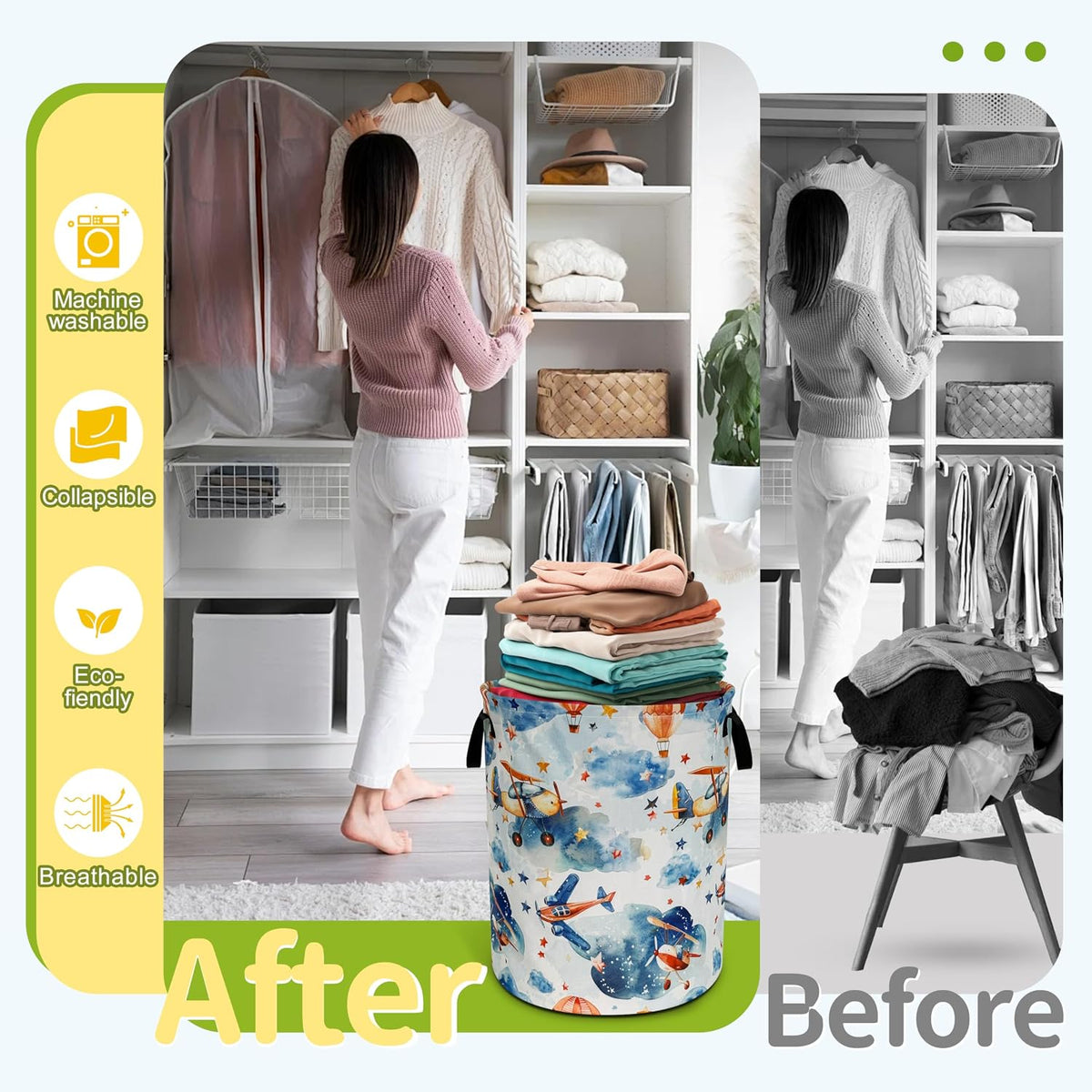Airplane Clouds Laundry Basket Foldable Waterproof Hamper 18.9 x 16.5 Inch