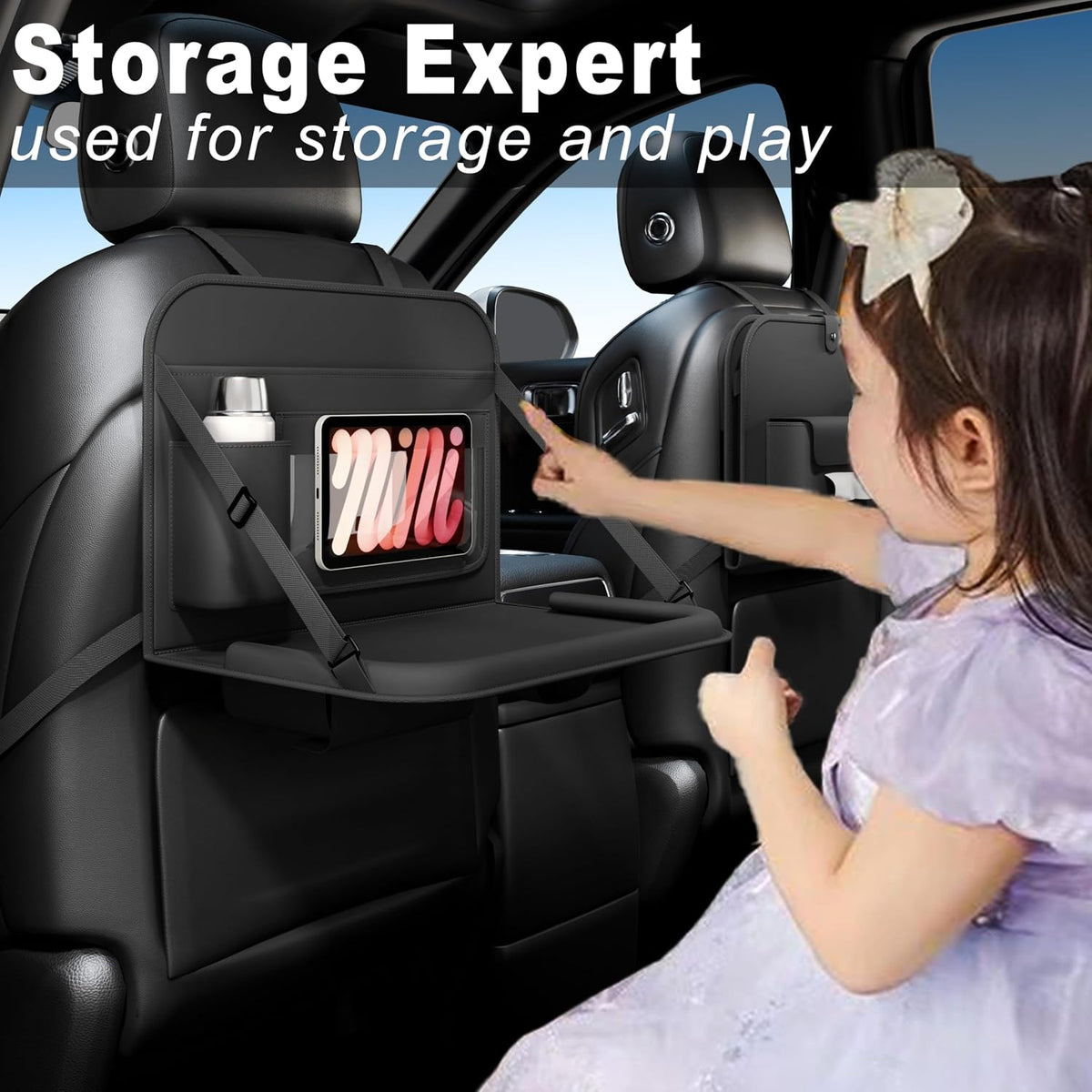 GMQ Backseat Car Organizer with Detachable Steering Wheel Tray 1 Pack,Car Back Seat Laptop Desk, Multifunctional Food Tray,Back Seat Car Storage & Tablet Holder for Kids (Black, 1PC)
