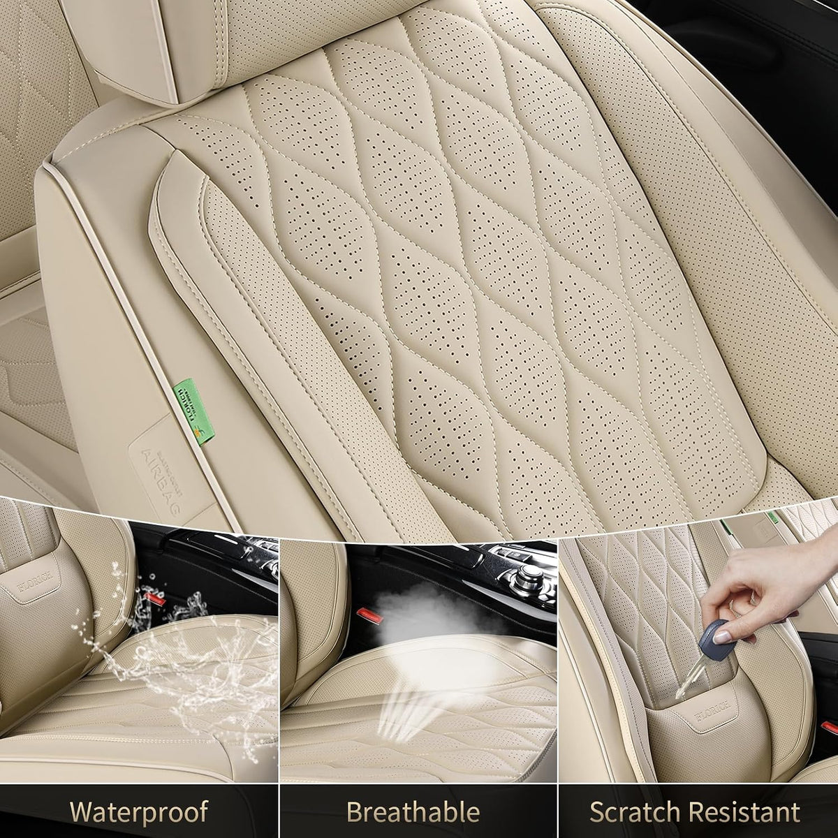 FLORICH Automotive Seat Covers Front Seats Leather Car Seat Covers with Lumbar Support Front Seat Covers Waterproof Car Seat Cushion Protectors Universal Fit for Most Cars Sedans Trucks SUV, Beige