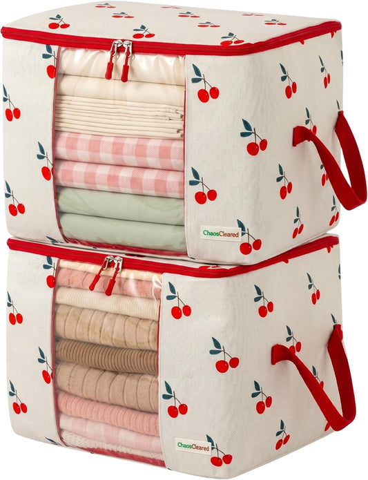 Chaos Cleared Kids Storage Bags – 100% Cotton Canvas Toy & Clothes Organizer with Cute Design – Storage Bin for Stuffed Animals, Baby Items & Clothes with Zipper & Handles (Cherry Print)