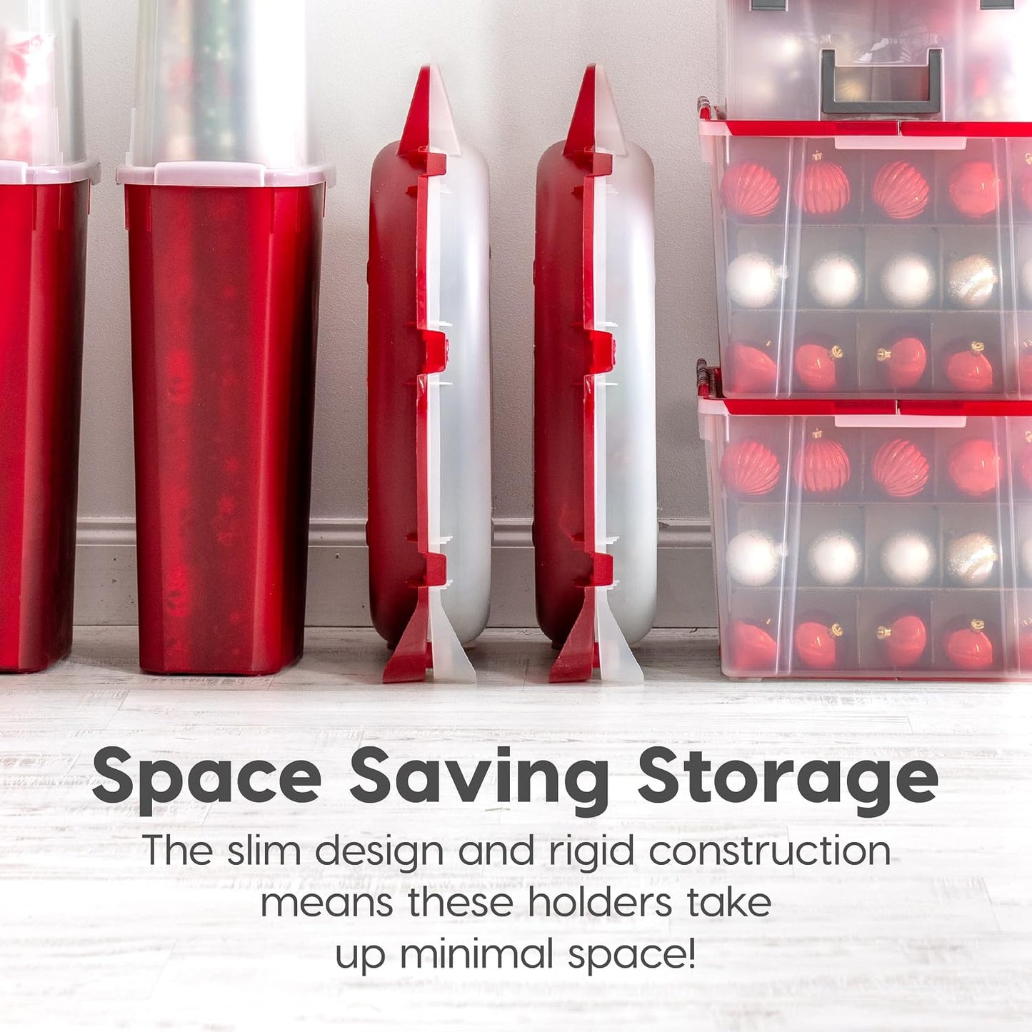 IRIS USA 24" Wreath Storage Container With Latches and Handle, 2 Pack, For Holiday Garland/Wreath, Holiday Decorations, and Heavy Duty, Portable, High Protection, and Space Saving Storage, Clear/Red