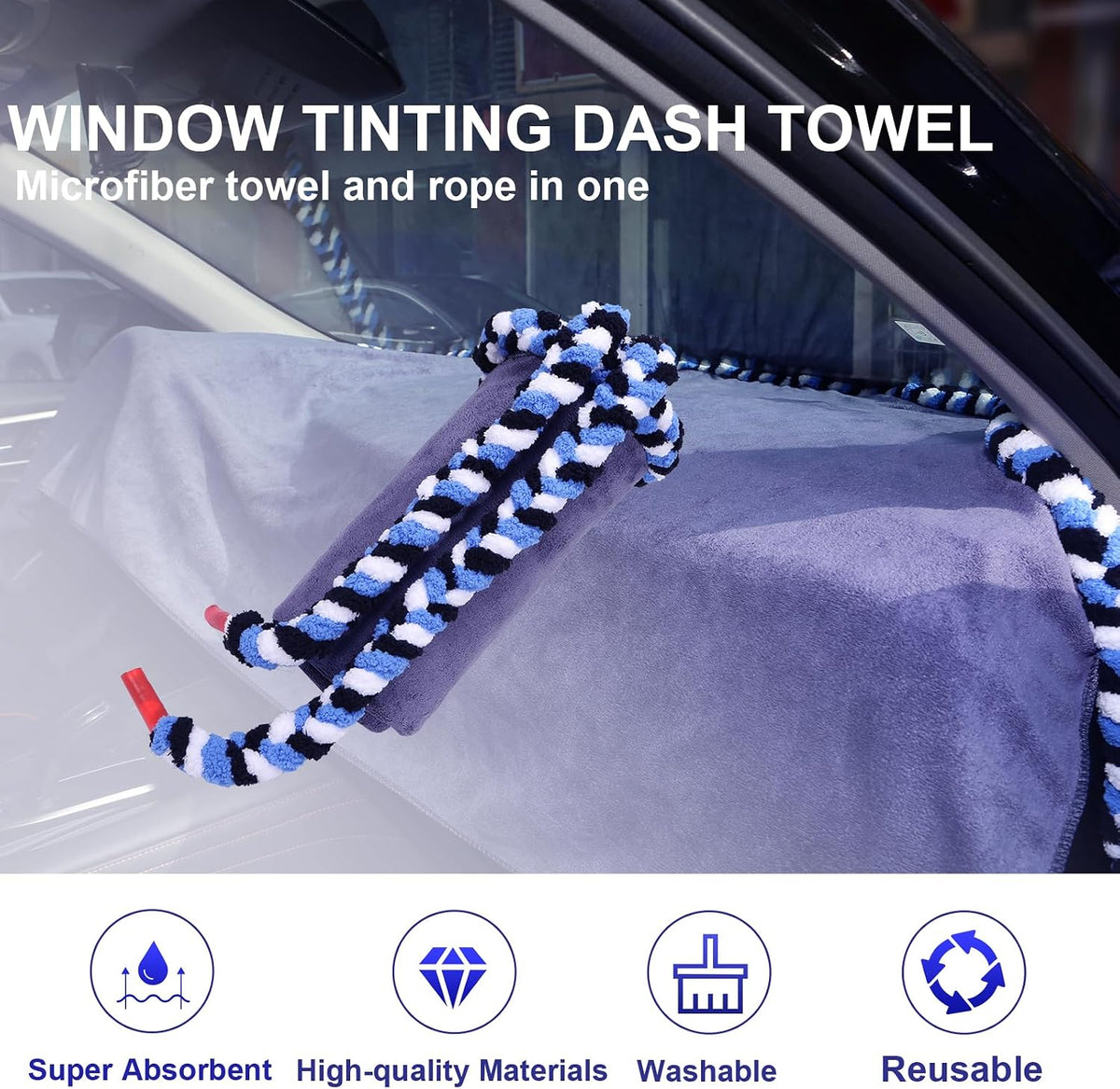 Car Window Tinting Dashboard Protecting Microfiber Towel, 2-in-1 Super Absorbent Fusion Towel Dash Cover and Soak Rope Tool for Vehicle Windshield Scratch-Free Tint Tools