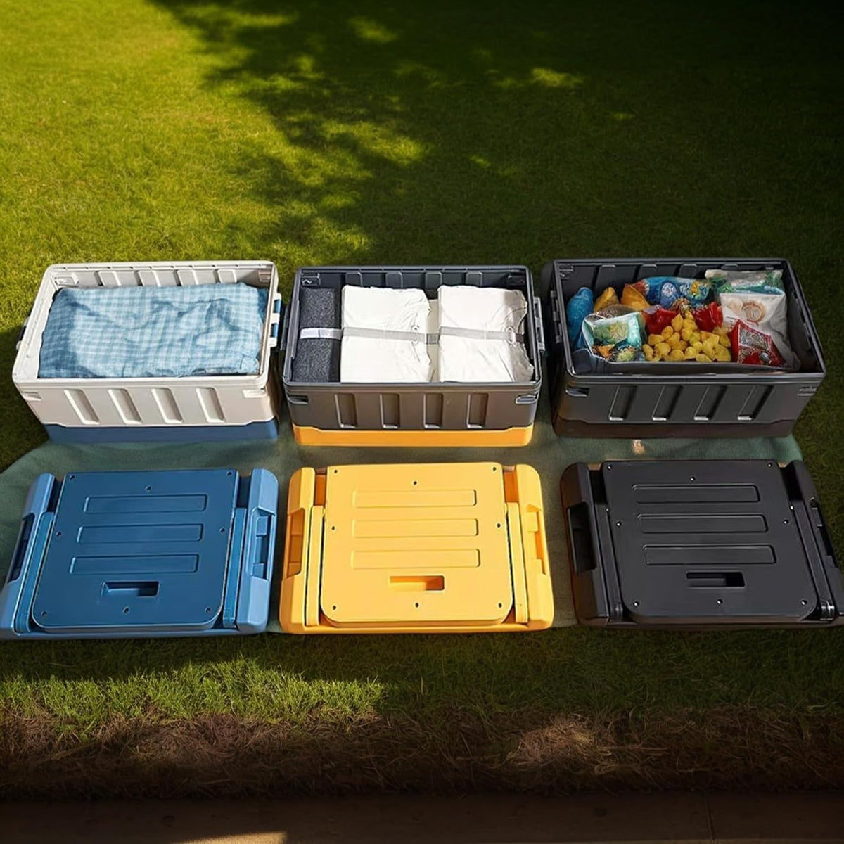 Versatile Foldable Seatable Car Organizer Box 60L Heavy Duty Storage Bins With Lids Trunk,Durable Plastic, Folding Camping Chairs (blue)
