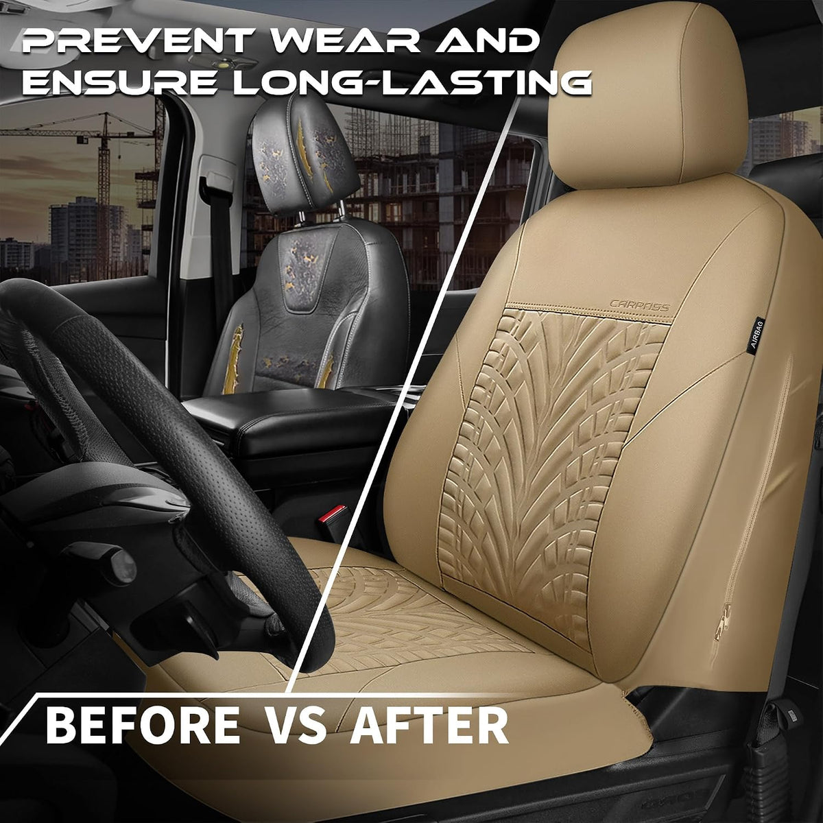 CAR PASS Neoprene Waterproof Seat Covers Full Sets, Wetsuit Car Seat Covers 5 Seats Universal Fit for Vans, Truck, SUV, 3D Tyre Embossed Seat Covers Anti Slip with Armrests, Aibag Compatible All Beige