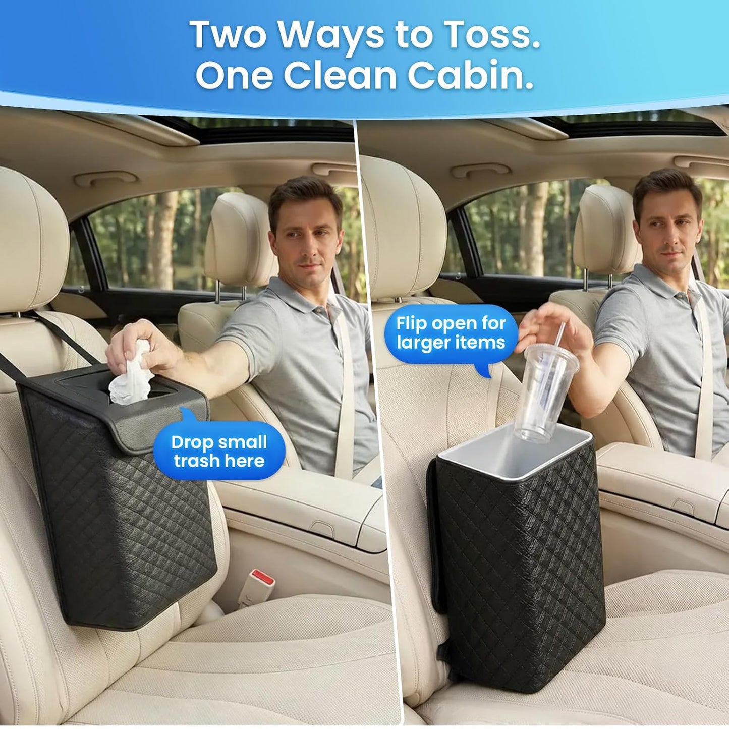 Tsumbay Car Trash Can with Lid, Leather Garbage Can, Leakproof and Removable Interior Liner, Multipurpose Hanging Garbage Bin with Quick Access Magnetic Opening, Trash Bin for Car (2 Gallon/7.5L)