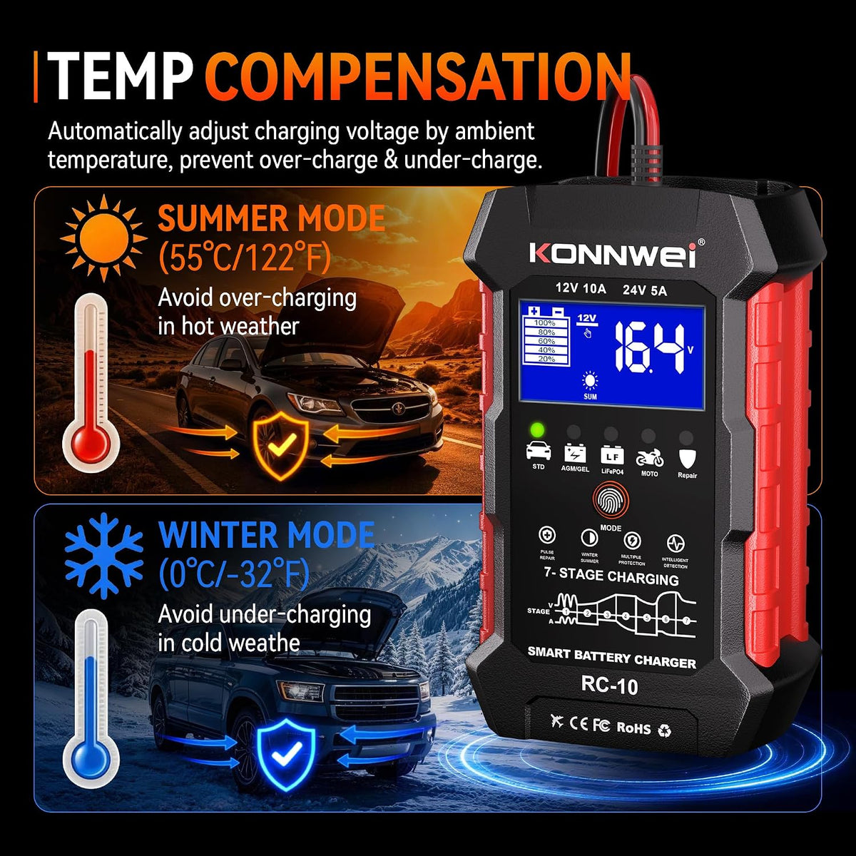 KONNWEI 12V/24V Battery Charger,Smart Trickle Charger Maintainer LiFePO4