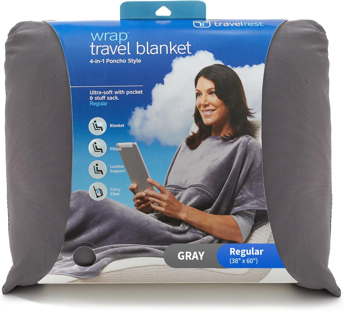 travelrest 4-in-1 Travel Blanket – Wearable Blanket, Pillow & Body Wrap, Lightweight, Compact & Cozy with Carry Case, Travel Friendly, Comfort, Ideal for Airplanes, Long Flights, Road Trips - Gray