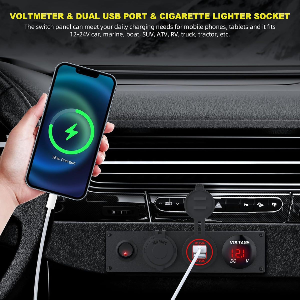 RVMARINEPAT 4 in 1 12V USB Panel with LED Voltmete & Dual USB Charger Socket Power & Cigarette Lighter Socket & Red LED Lighted Toggle Switch Panel for Boat Car RV Golf Cart ATV