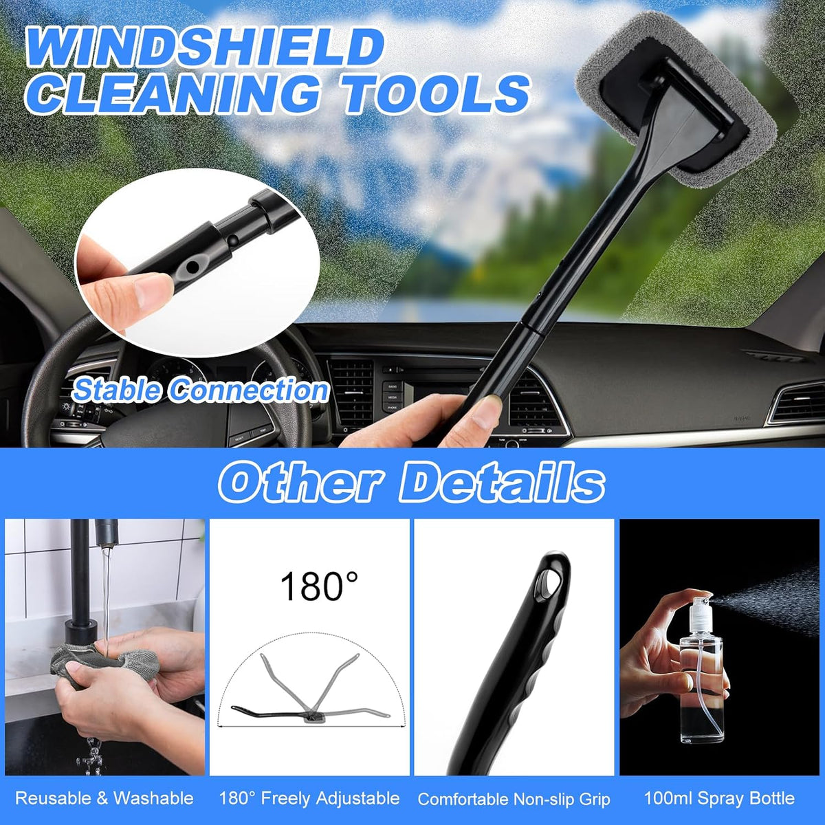 Car Interior Cleaning Kit - Windshield Cleaner Tool, 3 Graded Boar Brushes, Double Head AC Vent Shutter Brush, Towels, Duster, Car Interior Detailing Kit for RVs, Truck, Trailer