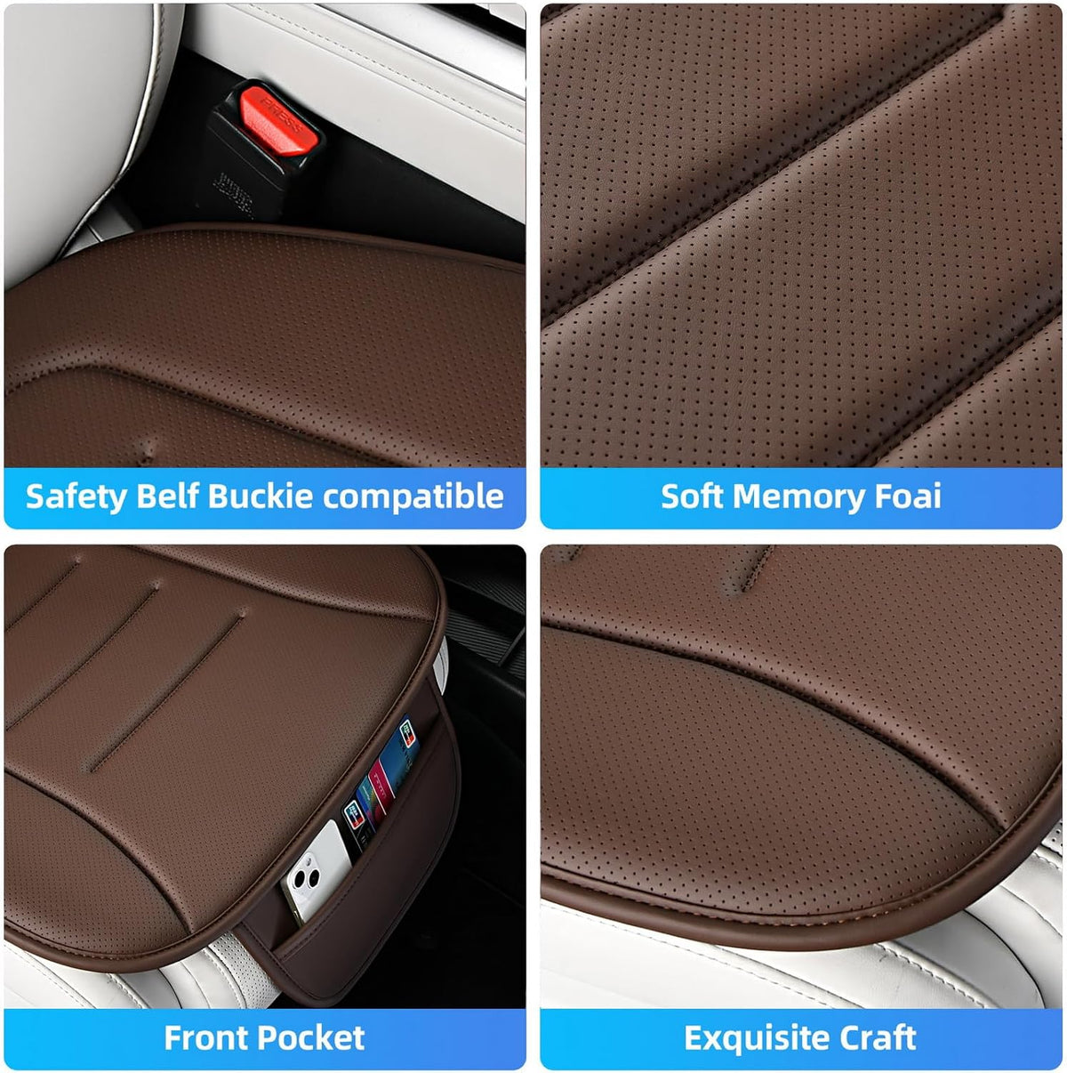 KAYI Car Seat Cushion, Comfort Memory Foam Car Cushions for Driving, Breathable Leather Surface with Anti Slip Rubber Bottom, Seat Cushion for Car and Office Chair (1 Pack, Brown)