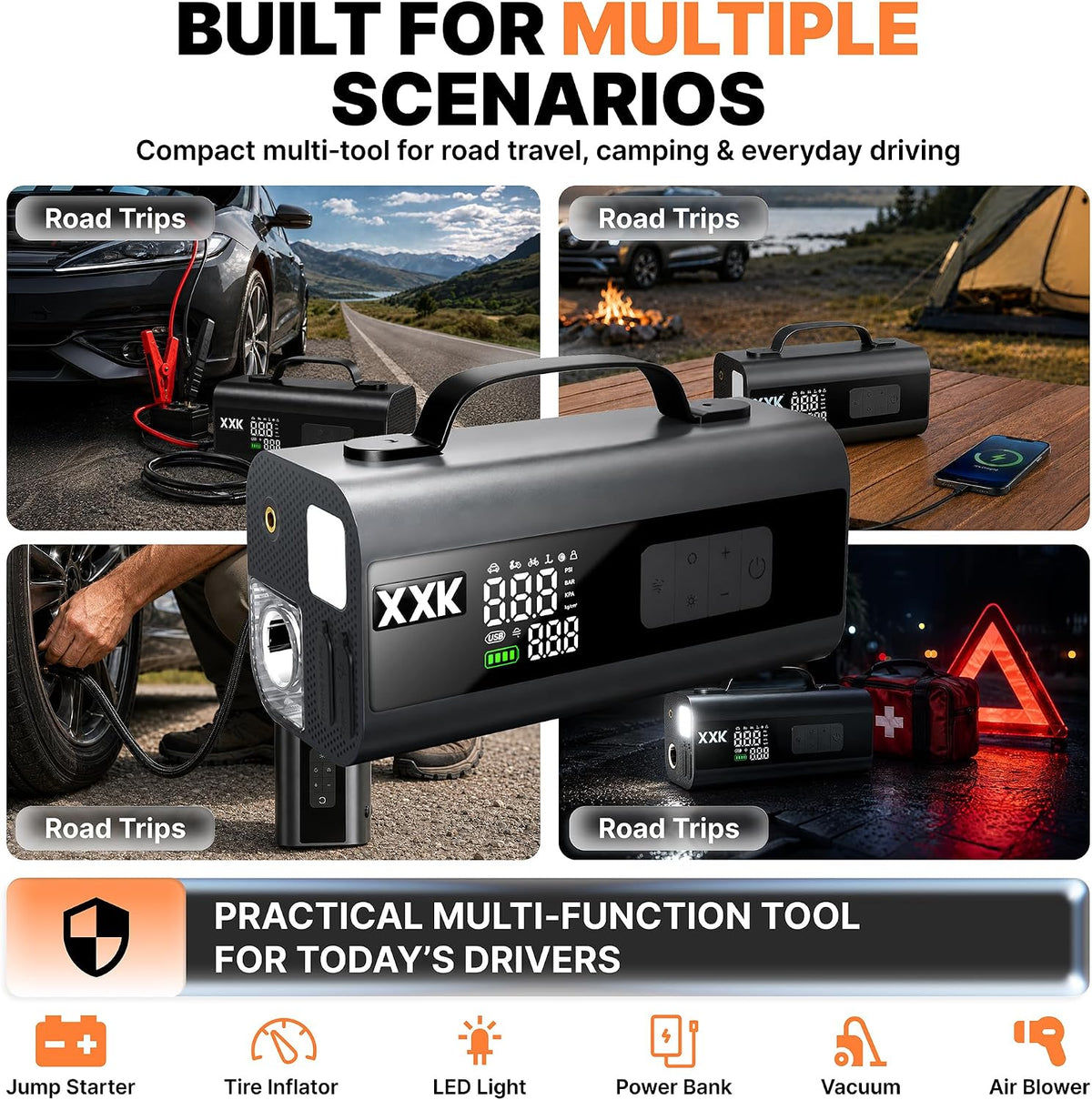 9000A Jump Starter with Air Compressor, 160PSI Portable Tire Inflator