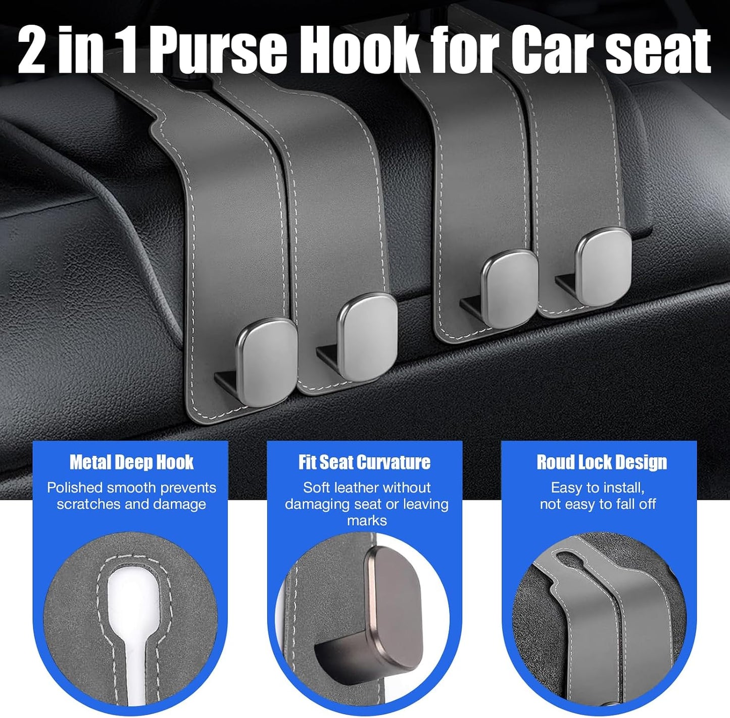 TwinHook Leather Car Headrest Hangers, Car Headrest Hooks for Purse and Bags, 2-in-1 Leather Car Seat Back Storage Hook, Anti-Slip Purse Holder for Car, Supports Up to 50 lbs (Gray-2 Pack)