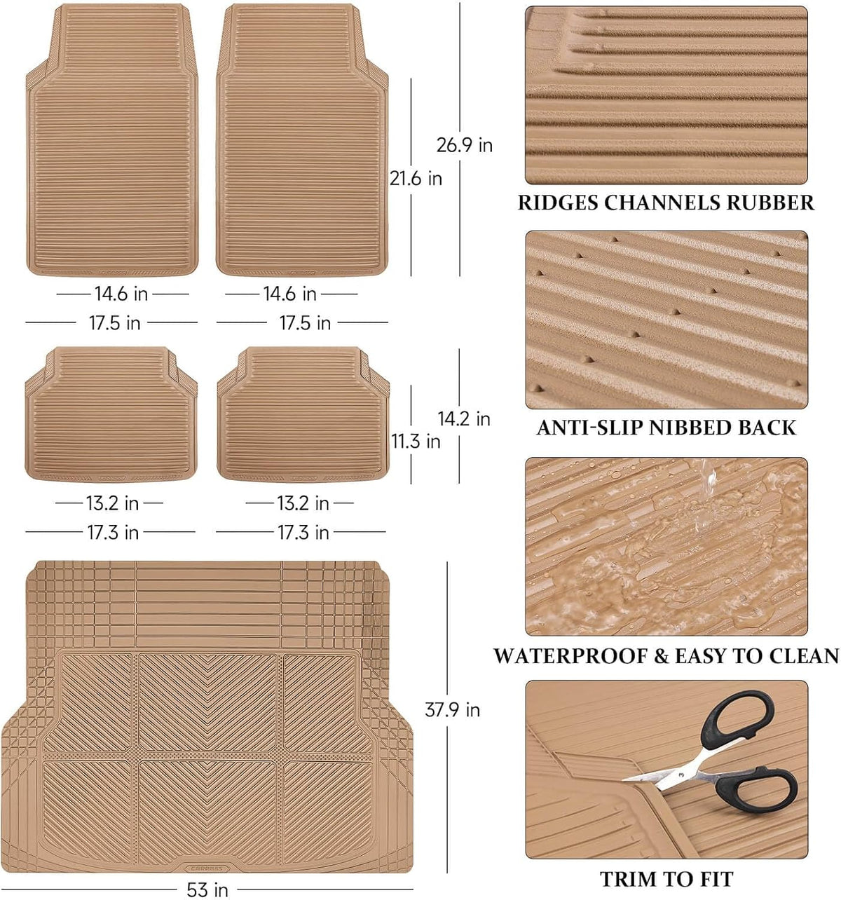 CAR PASS Tan Rubber Car Floor Mats & Cargo Liners, All Weather Car Mats & Trunk Mats,Waterproof Automotive Floor Mats Trim to Fit for Most Cars Sedans SUVs Vans, Durable Heavy Duty Anti-Slip,Beige