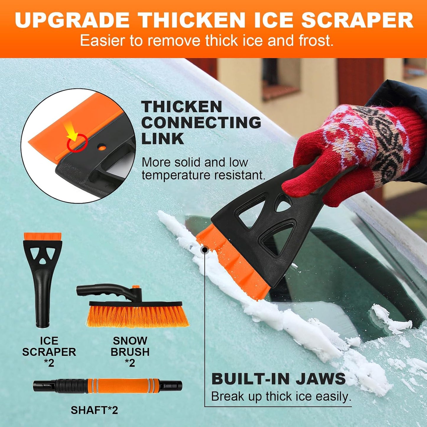 BFONS Ice Scrapers for Car Windshield, 2-in-1 Snow Scraper and Snow Brush for Car SUV Truck, Car Ice Windshield Scraper for Ice and Snow with 360° Pivoting Brush and Ergonomic Foam Grip Orange