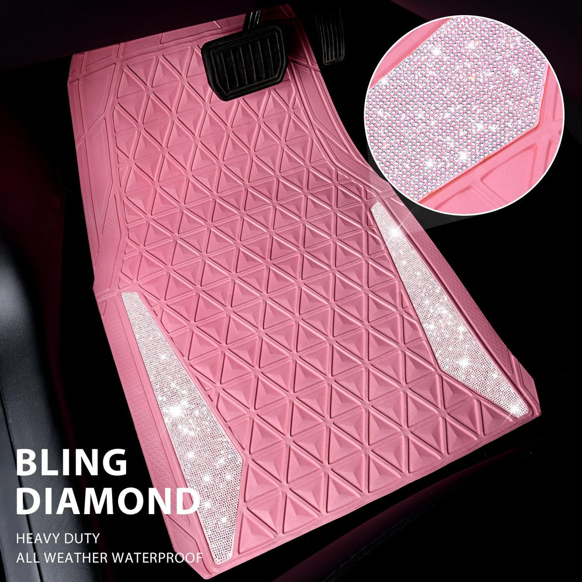 CAR PASS Bling Diamond Car Mats Rubber Floor Mats Full Set Anti-Slip 3D Rhombus Waterproof Trim to Fit Liner Universal Glitter Crystal Sparkly Shining Rhinestone Girl Women SUV Sedan Van, Pink Rubber