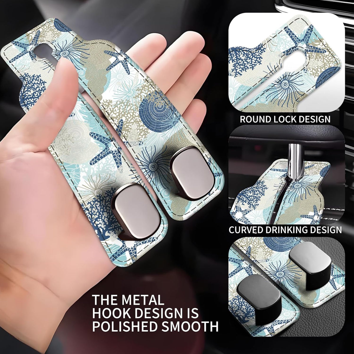 Car Seat Back Storage Headrest Hook, Premium Leather Double Metal Hook, Hanger Storage Organizer for Purse Cloth Bag, Car Interior Accessories Funny Colorful Seastar