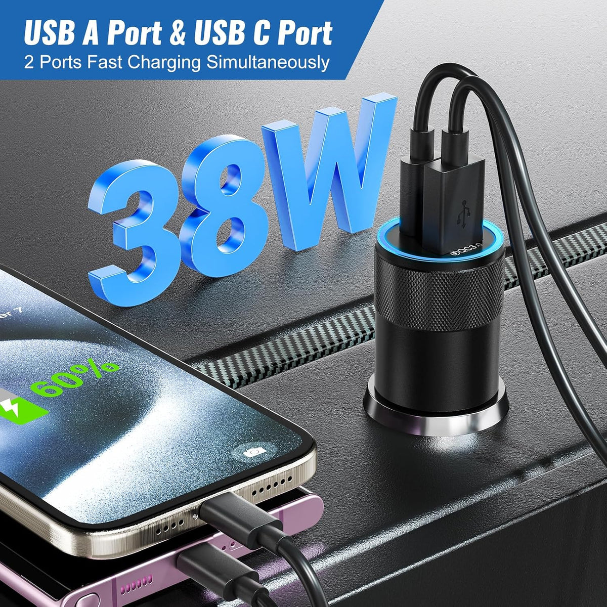 Car Chargers, Dual Ports USB C & USB-A Cigarette Lighter Adapter Multipack,