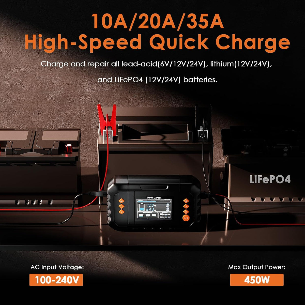 WAVLINK 35-Amp Smart Battery Charger, 6V/12V/24V Car Battery Charger