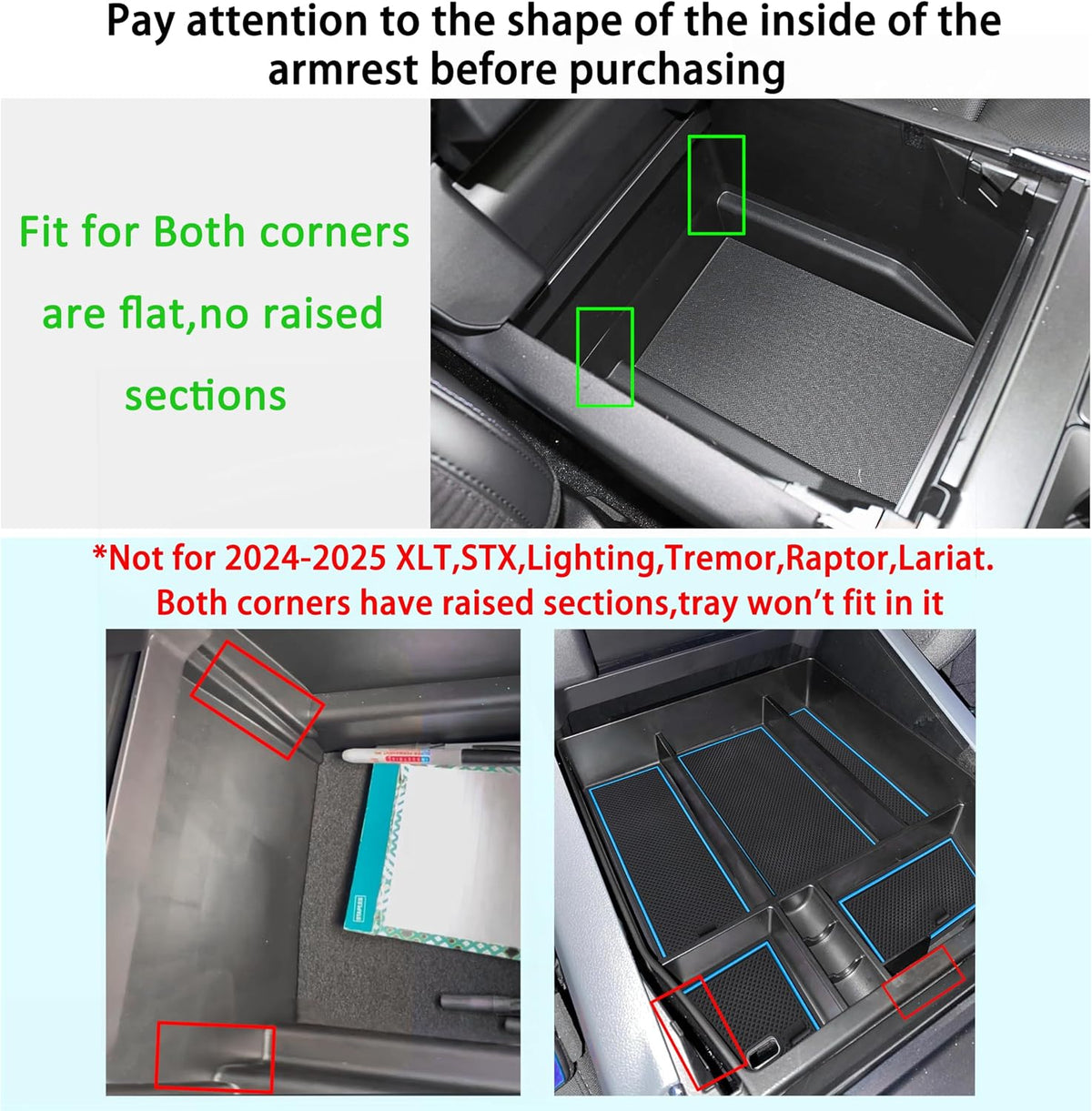 Center Console Organizer Tray for Ford F150 2021 2022 2023 2024 Accessories Interior Secondary Storage Armrest Box Insert Hidden Cubby Drawer (Full Console w/Bucket Seats ONLY) (Blue Trim)