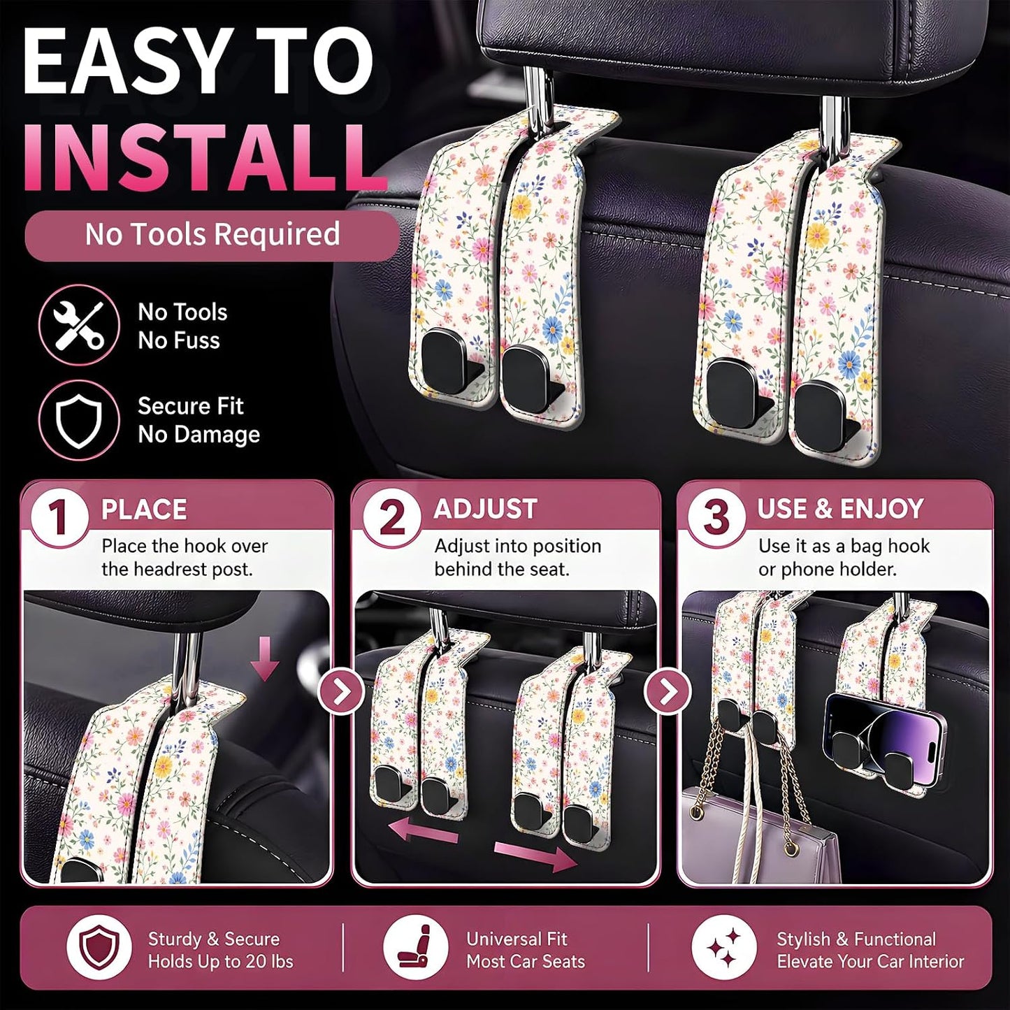 Car Seat Back Storage Hook, Funny Car Purse Hook, Cute Vehicle Storage Organizer for Purses Handbags Boho Cute Floral