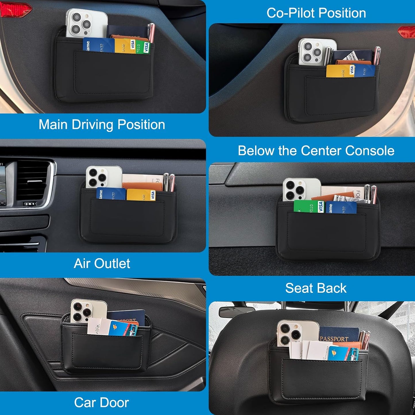 Accmor 2pcs Universal Car Side Pocket Organizer, PU Leather Car Pocket Pouch Cell Phone Sunglasses Holder Organizer Accessories for Car Seat, Door, Window, Console