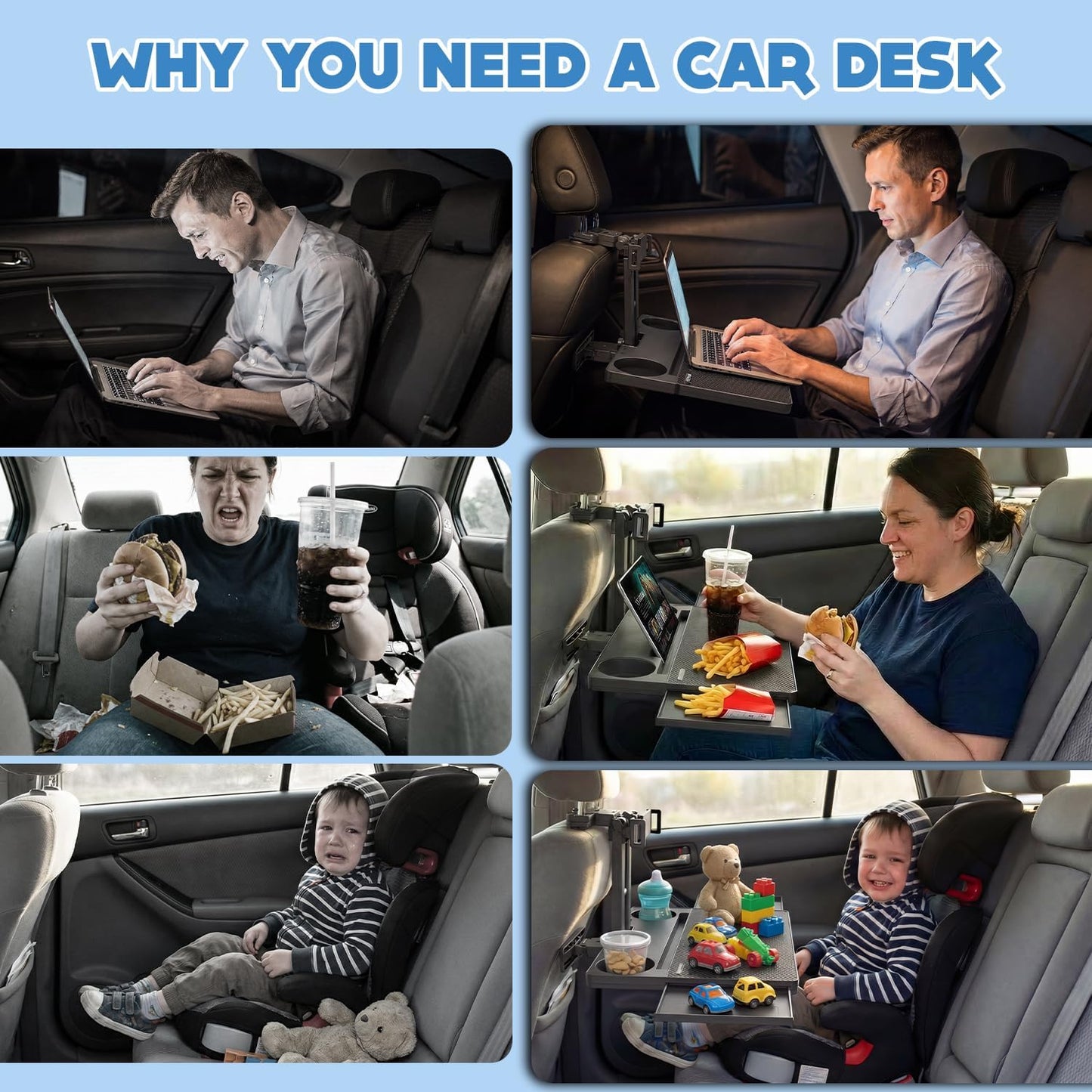 Car Back Seat Tray Table, Stable Foldable Auto Backseat Food Trays Desk for Rear Passenger Road Trip Eating & Work, Multifunctional Adjustable Travel Tray with Phone Drink Holder for Laptop iPad