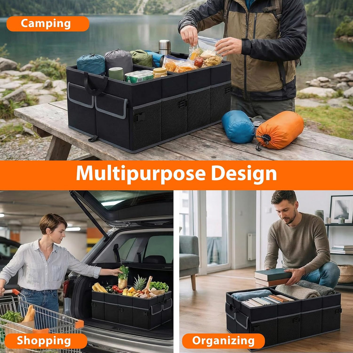 Goplus Collapsible Trunk Organizer, 13 Gallon Foldable Car Storage Organizer with Extenable Compartments, Pockets, Securing Straps, for SUV Van Sedan Truck, 22" x 16" x 10"