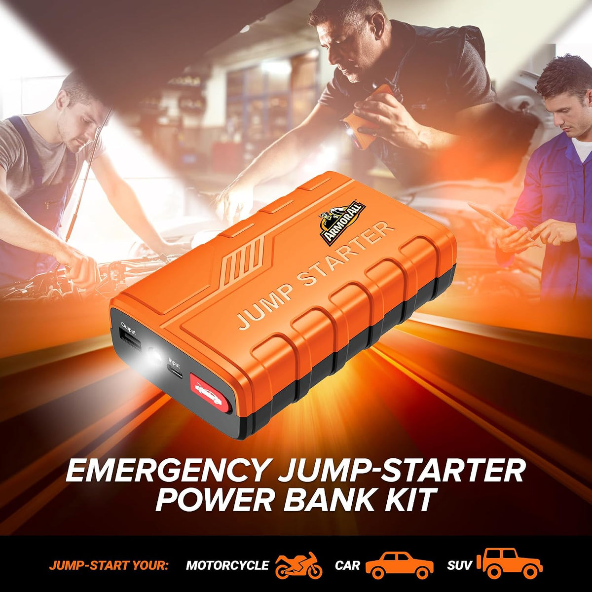 Armor All Car Jump Starter Emergency Power Bank Kit, 800 Amp Peak, 2.4 Amp Phone Charge USB Port, LED Light, Strobe, SOS, Overcharge & Discharge Protection, 7200mAh, For Cars Trucks Motorcycles & More