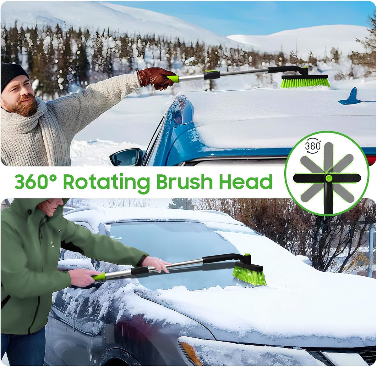 YeewayVeh 39in Car Snow Brush Ice Scraper 360° Rotating, Extendable, Green