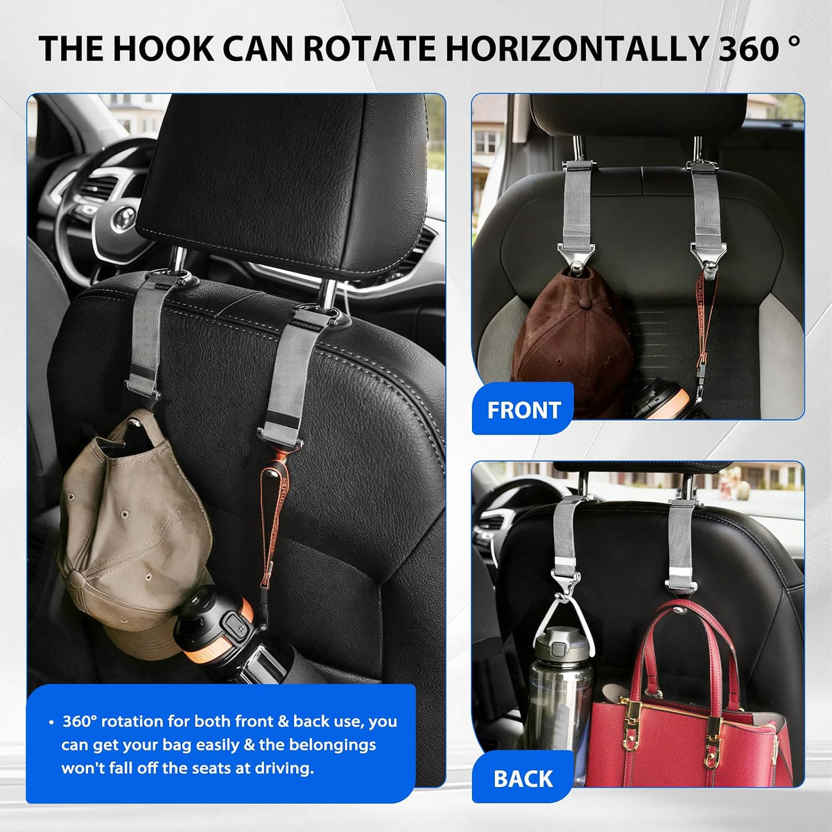 Car Seat Headrest Hooks and Purse Hook for Car 2 Pack Silver – Alloy Braided Chain Storage Hook for Purse, Handbag, Grocery Bags – Interior Organizing Car Accessories