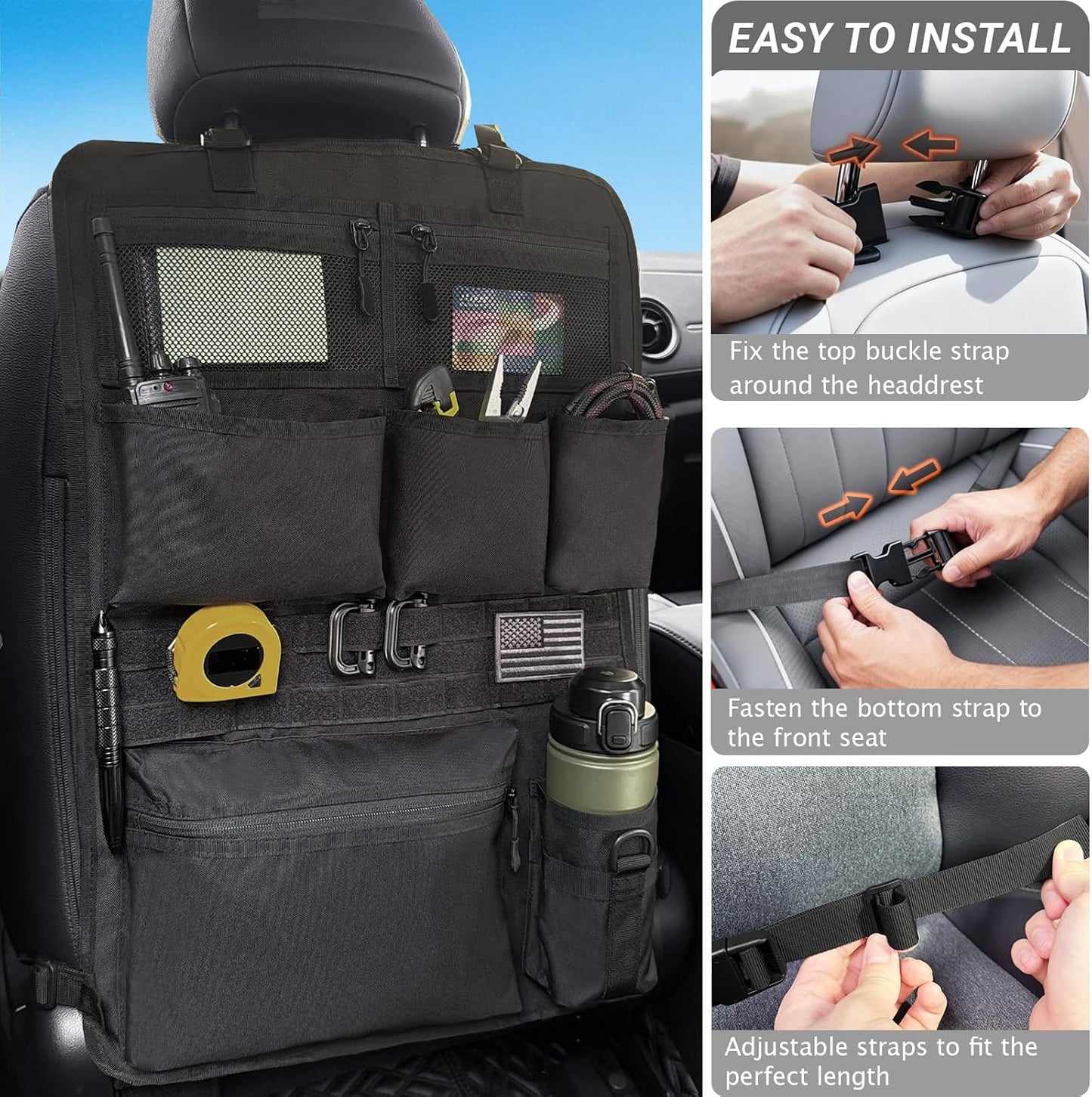 Tactical Car Seat Organizer with Multiple Pockets, MOLLE Panel System & Mesh Compartments, Durable Nylon Universal Vehicle Backseat Storage with Cup Holder, Water-Resistant (Black)
